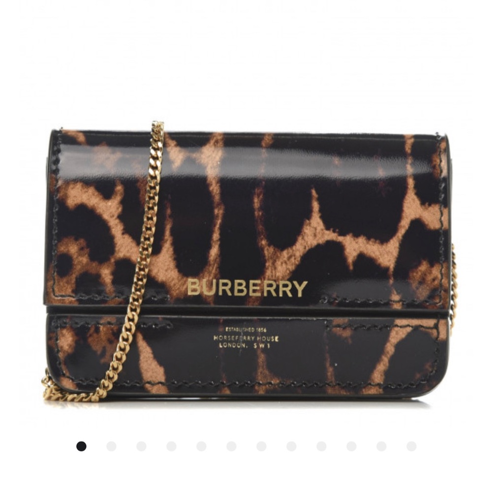 Burberry Calfskin Leopard Print Mini Jody Chain Card Case Black